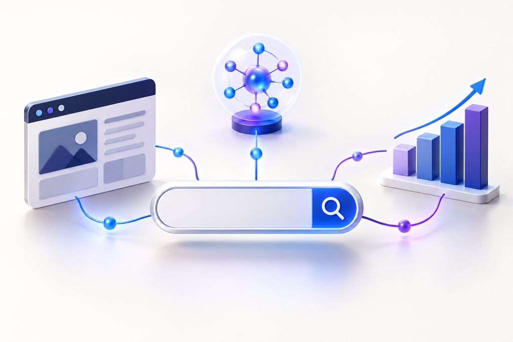 Illustration connecting search, an AI network, a website and an analytics chart